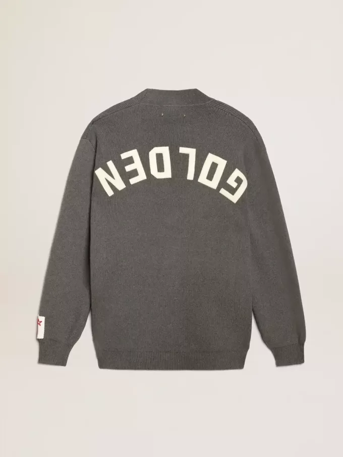 Herren-Strickjacke aus melierter grauer Baumwolle mit Logo auf der Rückseite