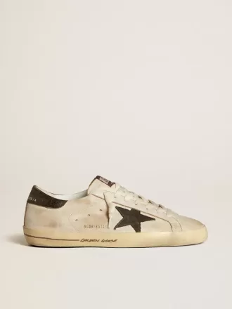 Herren-Super-Star aus Leder mit schwarzem Denim-Stern und schwarzer Leder-Fersenlasche Herren-Super-Star aus Leder mit schwarzem Denim-Stern und schwarzer Leder-Fersenlasche
