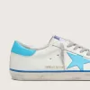 Herren-Super-Star LTD aus weißem Leder mit hellblauem Lederstern und Fersenlasche Herren-Super-Star LTD aus weißem Leder mit hellblauem Lederstern und Fersenlasche