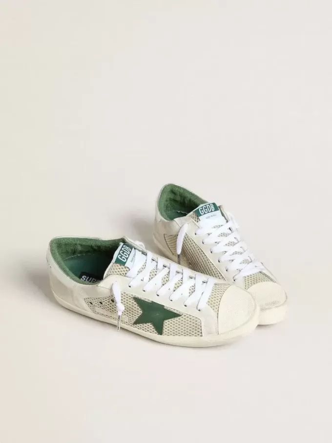 Herren-Super-Star LTD aus weißem Wildleder und Mesh mit grünem Lederstern und silberner Fersenlasche Herren-Super-Star LTD aus weißem Wildleder und Mesh mit grünem Lederstern und silberner Fersenlasche