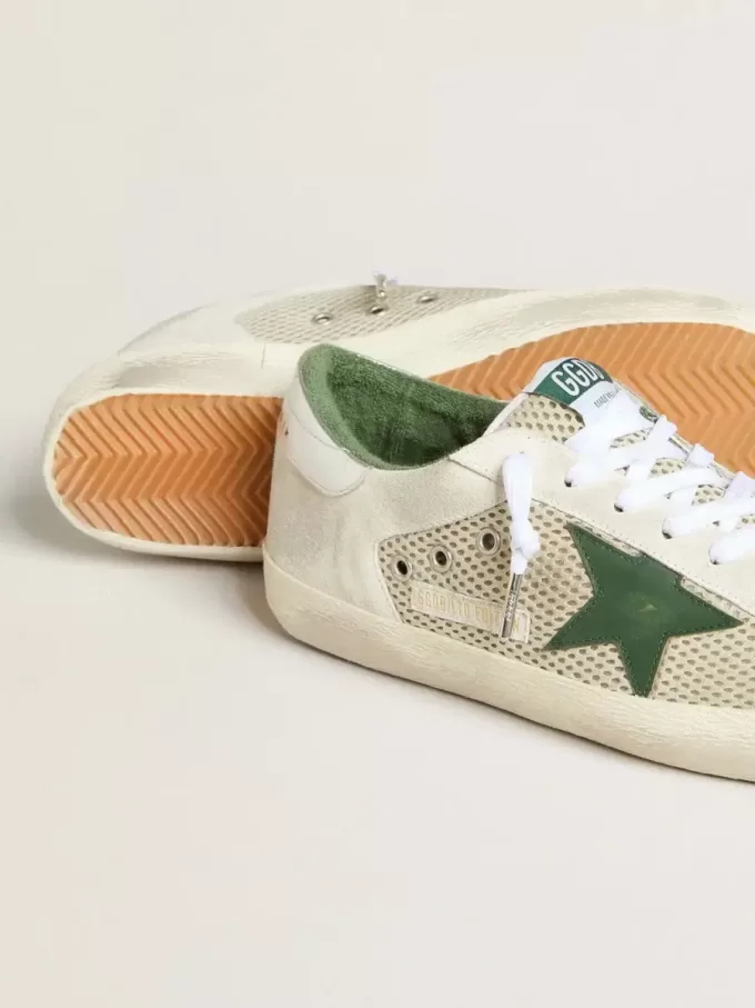 Herren-Super-Star LTD aus weißem Wildleder und Mesh mit grünem Lederstern und silberner Fersenlasche Herren-Super-Star LTD aus weißem Wildleder und Mesh mit grünem Lederstern und silberner Fersenlasche