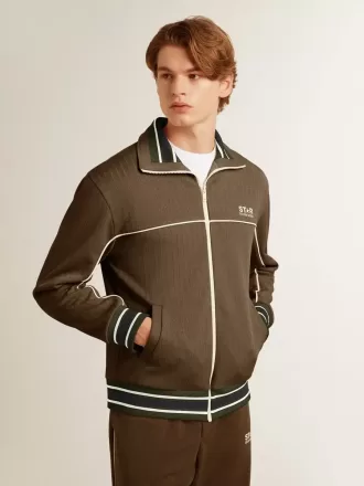Herren-Sweatshirt in Militärgrün mit Reißverschluss und weißem Logo
