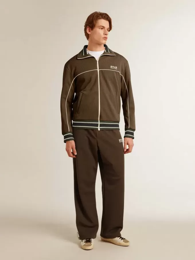 Herren-Sweatshirt in Militärgrün mit Reißverschluss und weißem Logo