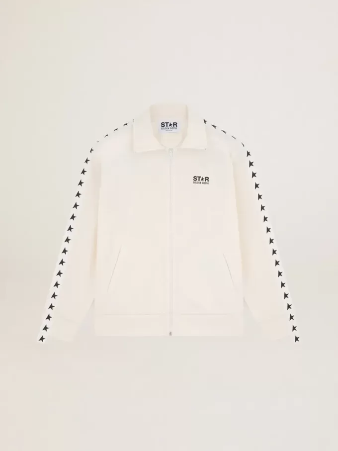 Herren-Sweatshirt in Papyrusweiß mit Reißverschluss und schwarzen Sternen Herren-Sweatshirt in Papyrusweiß mit Reißverschluss und schwarzen Sternen