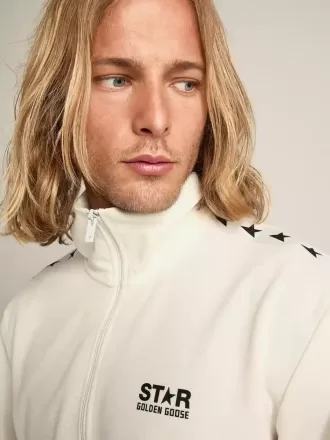 Herren-Sweatshirt in Papyrusweiß mit Reißverschluss und schwarzen Sternen