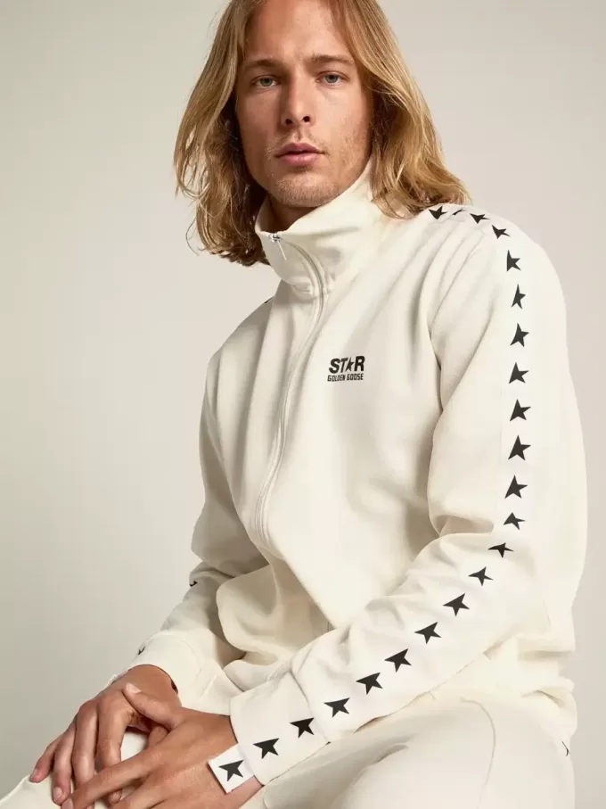 Herren-Sweatshirt in Papyrusweiß mit Reißverschluss und schwarzen Sternen Herren-Sweatshirt in Papyrusweiß mit Reißverschluss und schwarzen Sternen