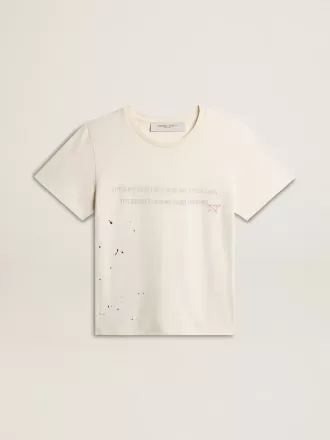 Herren-T-Shirt aus altweißer Baumwolle mit Print und Stickerei