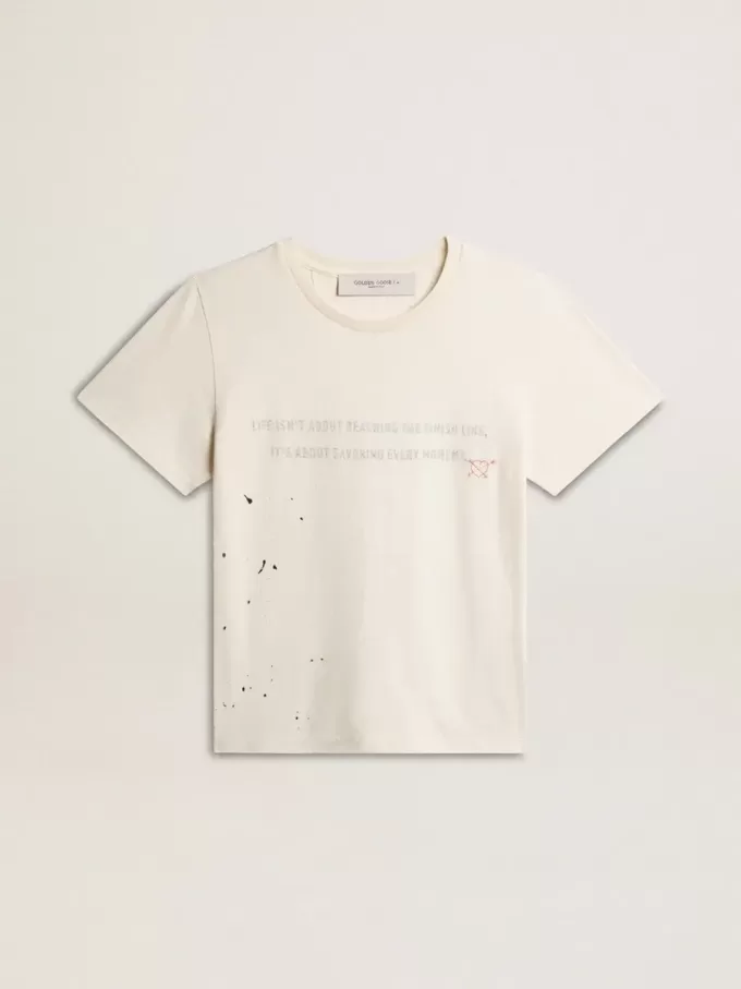 Herren-T-Shirt aus altweißer Baumwolle mit Print und Stickerei