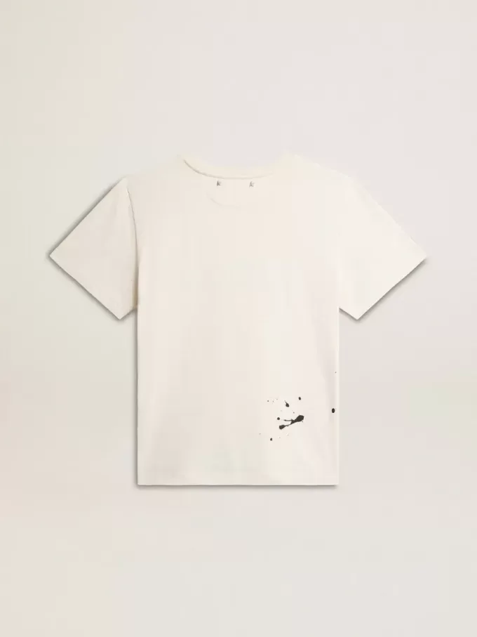 Herren-T-Shirt aus altweißer Baumwolle mit Print und Stickerei
