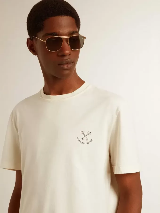 Herren-T-Shirt aus Baumwolle in Altweiß mit Aufdruck auf der Brust