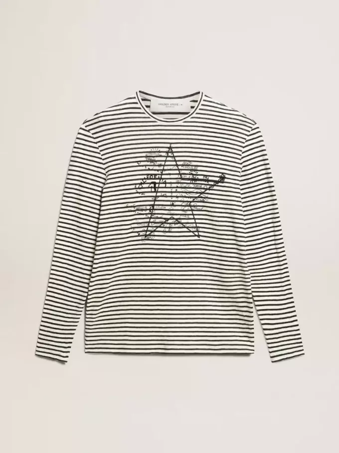Herren-T-Shirt mit weißen und blauen Streifen und Stickerei auf der Vorderseite