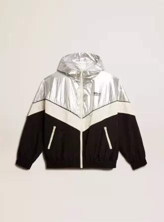 Herren-Windjacke aus silbernem und schwarzem Funktionsstoff