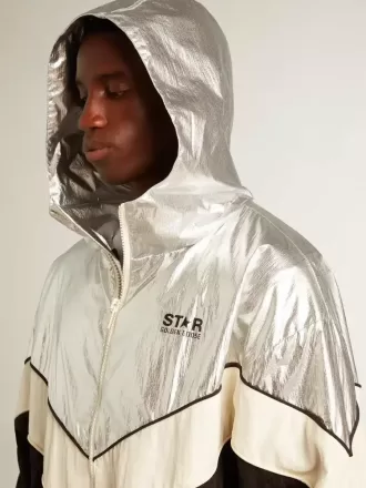 Herren-Windjacke aus silbernem und schwarzem Funktionsstoff