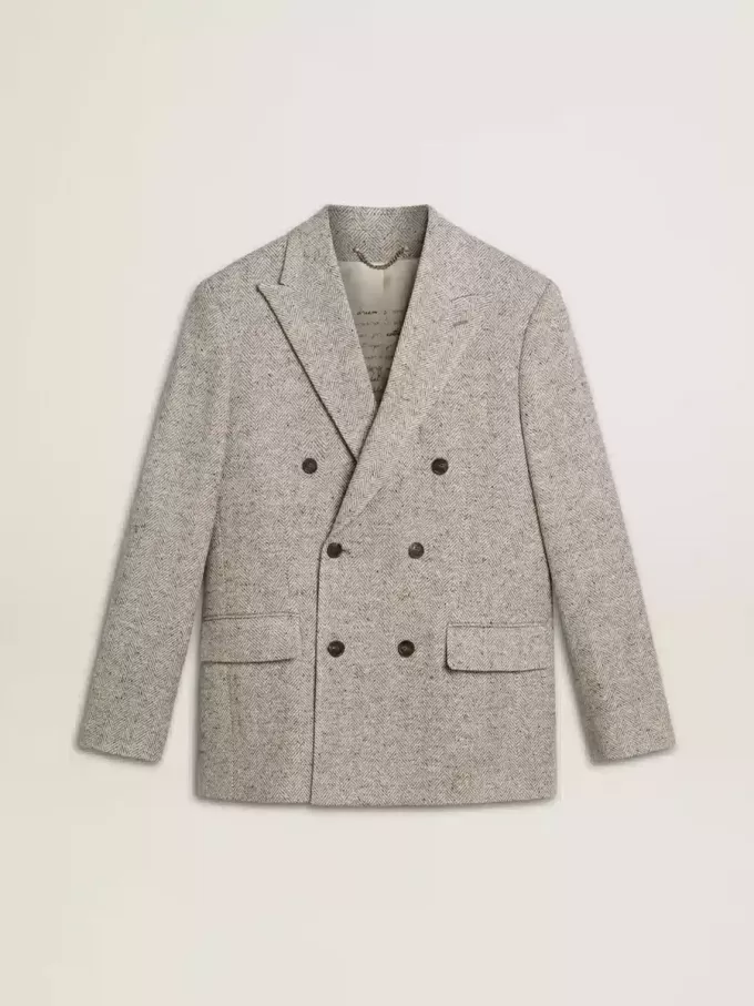 Herren-Zweireiherjacke aus grauer Seide und Chevron-Wolle
