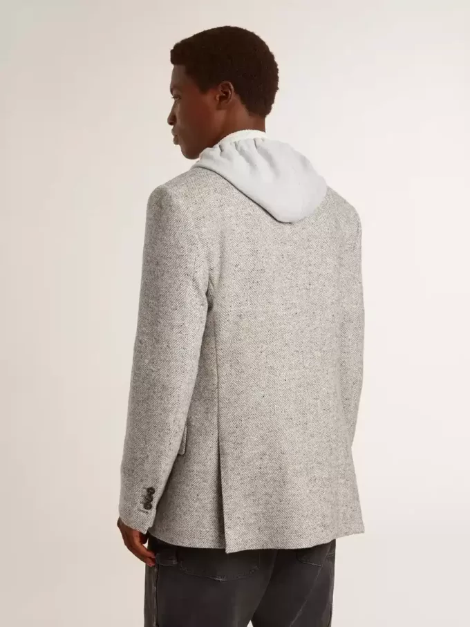 Herren-Zweireiherjacke aus grauer Seide und Chevron-Wolle