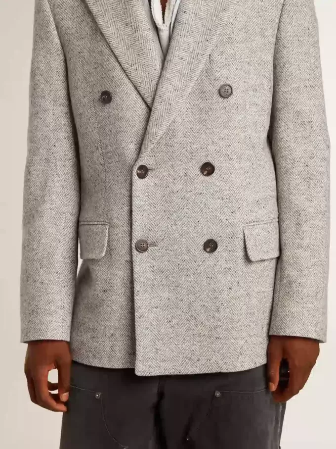 Herren-Zweireiherjacke aus grauer Seide und Chevron-Wolle