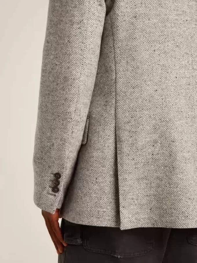 Herren-Zweireiherjacke aus grauer Seide und Chevron-Wolle