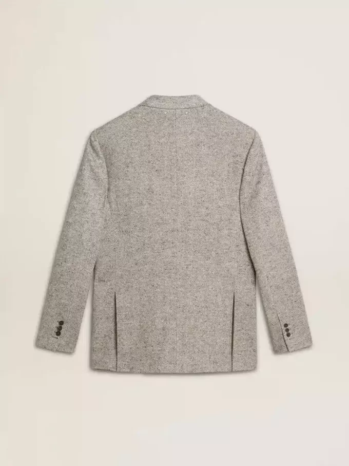 Herren-Zweireiherjacke aus grauer Seide und Chevron-Wolle