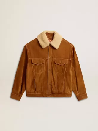 Herrenjacke aus tabakfarbenem Spaltleder mit Lammfellkragen