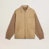 Herrenjacke aus travertinfarbenem Nubukleder mit Ärmeln und Rücken aus Wollmischung