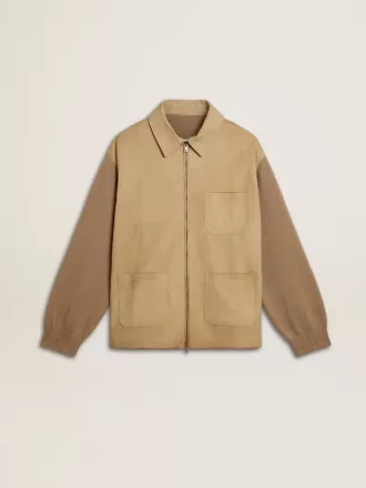 Herrenjacke aus travertinfarbenem Nubukleder mit Ärmeln und Rücken aus Wollmischung