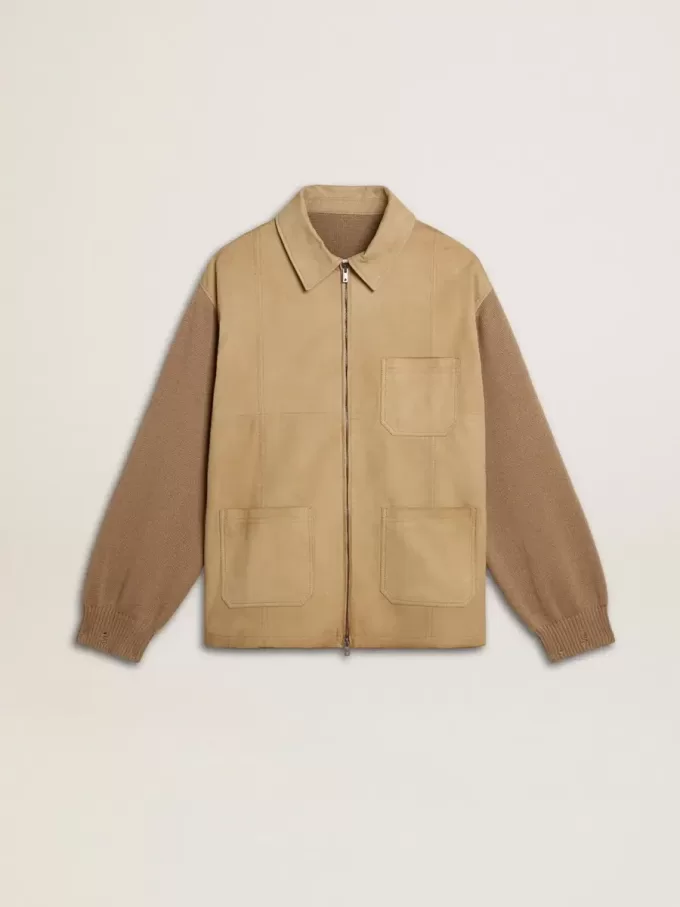 Herrenjacke aus travertinfarbenem Nubukleder mit Ärmeln und Rücken aus Wollmischung