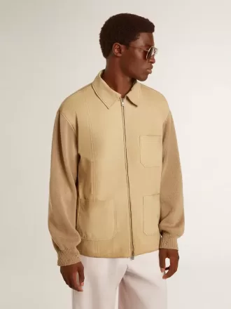 Herrenjacke aus travertinfarbenem Nubukleder mit Ärmeln und Rücken aus Wollmischung