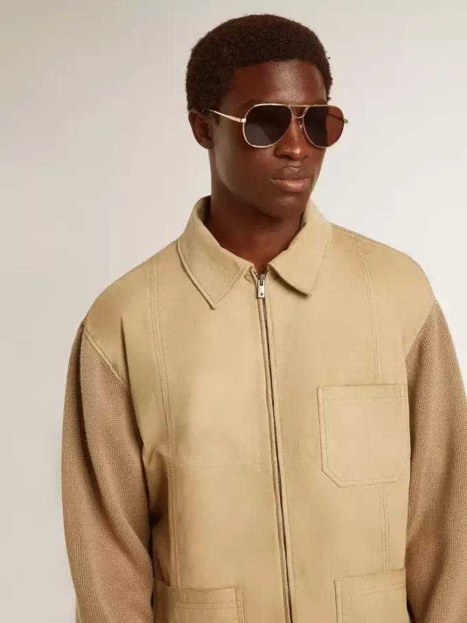 Herrenjacke aus travertinfarbenem Nubukleder mit Ärmeln und Rücken aus Wollmischung
