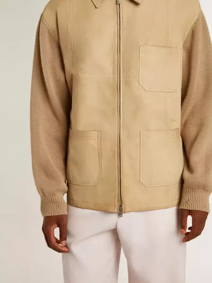 Herrenjacke aus travertinfarbenem Nubukleder mit Ärmeln und Rücken aus Wollmischung
