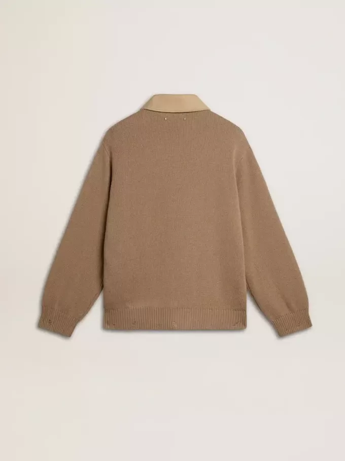 Herrenjacke aus travertinfarbenem Nubukleder mit Ärmeln und Rücken aus Wollmischung