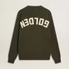 Herrenpullover in Militärgrün mit Rundhalsausschnitt und „Golden”-Schriftzug auf der Rückseite