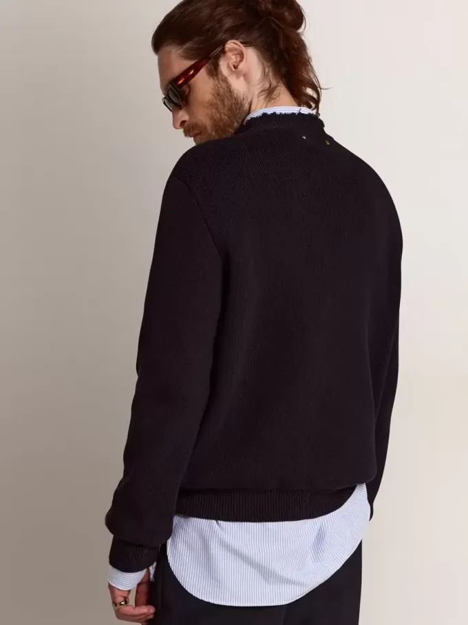 Herrenpullover mit Rundhalsausschnitt aus dunkelblauer Baumwolle