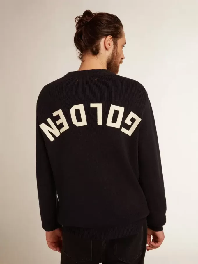 Herrenpullover mit Rundhalsausschnitt aus dunkelblauer Baumwolle mit Logo