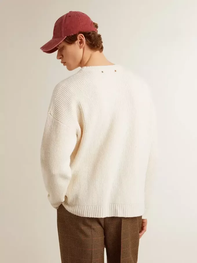 Herrenpullover mit Rundhalsausschnitt aus getrennter Wolle in Used-Weiß