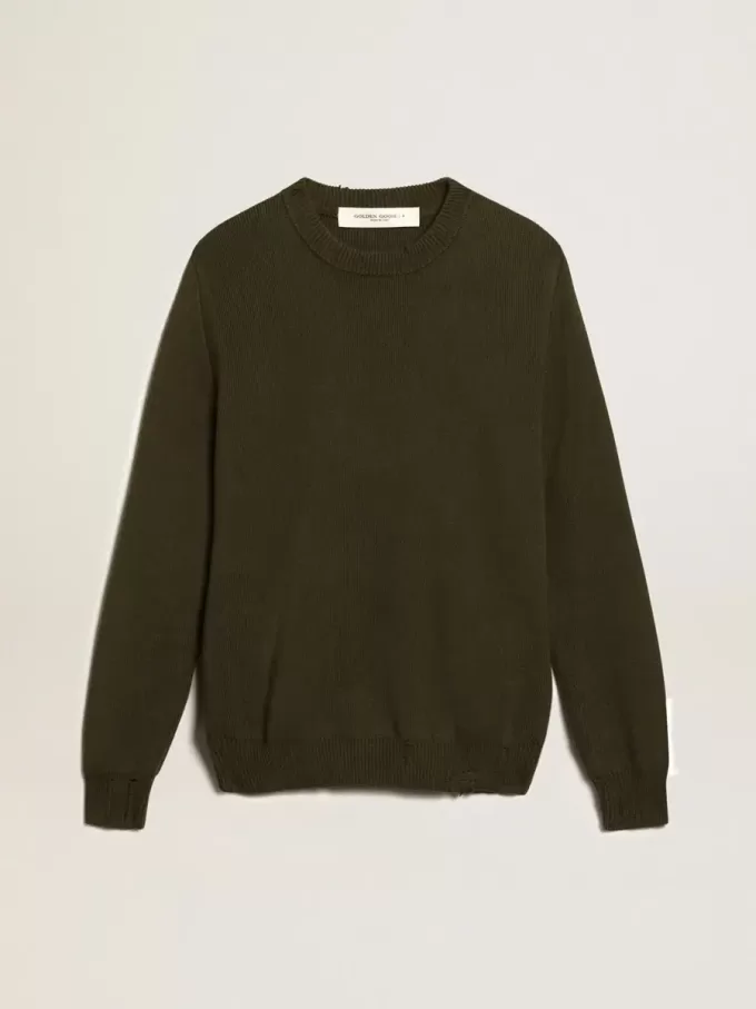 Herrenpullover mit Rundhalsausschnitt aus militärgrüner Baumwolle