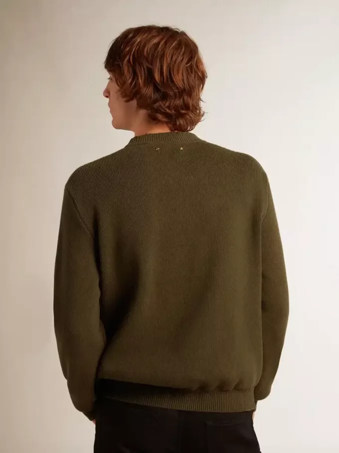 Herrenpullover mit Rundhalsausschnitt aus militärgrüner Baumwolle