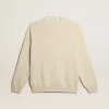 Herrenpullover mit Rundhalsausschnitt aus panamafarbener Baumwolle mit Logo auf der Rückseite