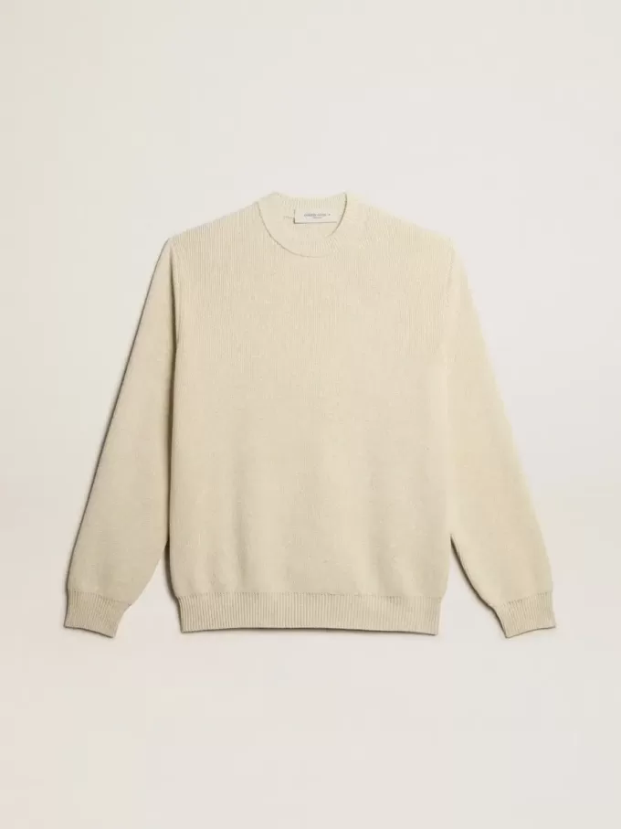 Herrenpullover mit Rundhalsausschnitt aus panamafarbener Baumwolle mit Logo auf der Rückseite
