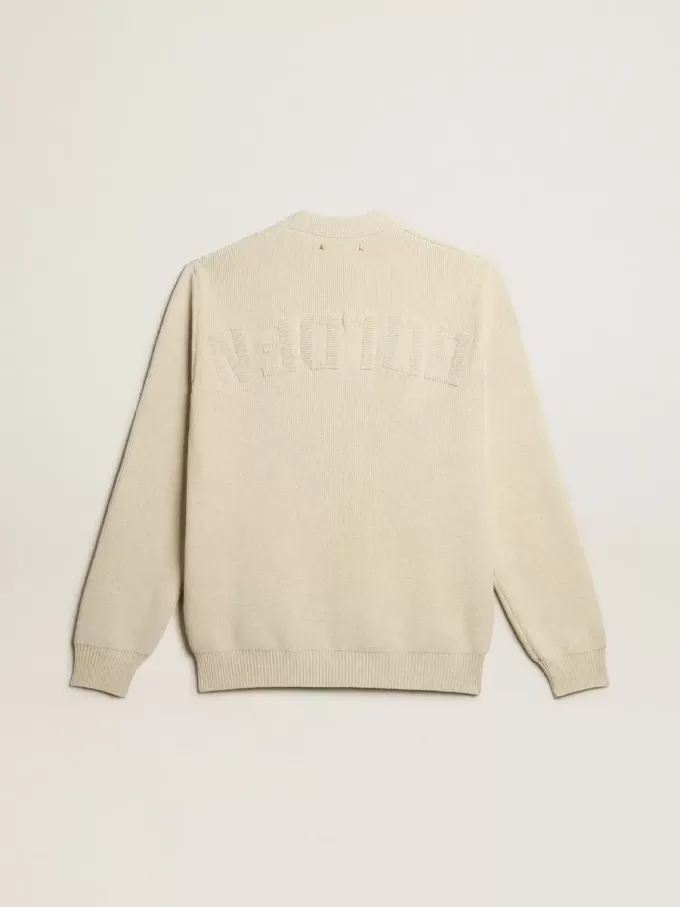 Herrenpullover mit Rundhalsausschnitt aus panamafarbener Baumwolle mit Logo auf der Rückseite