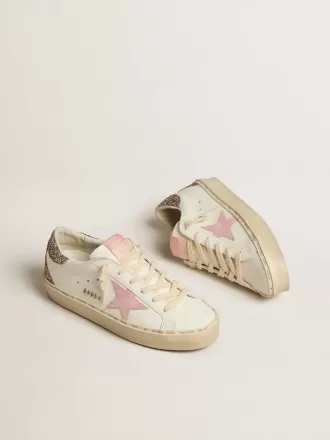 Hi Star aus weißem Leder mit rosa Wildlederstern und rosa Glitzer-Fersenlasche