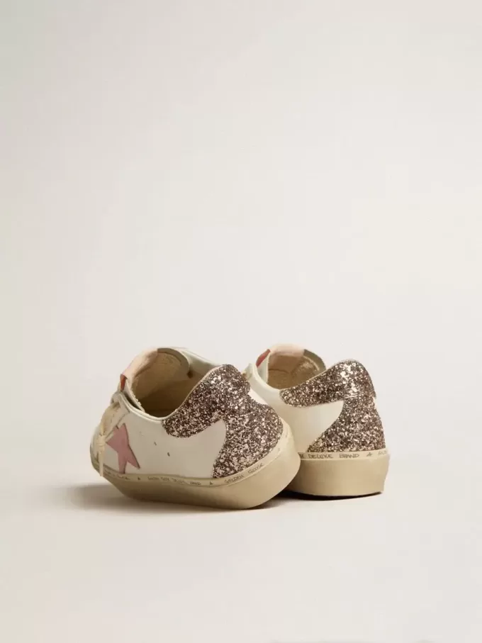 Hi Star aus weißem Leder mit rosa Wildlederstern und rosa Glitzer-Fersenlasche