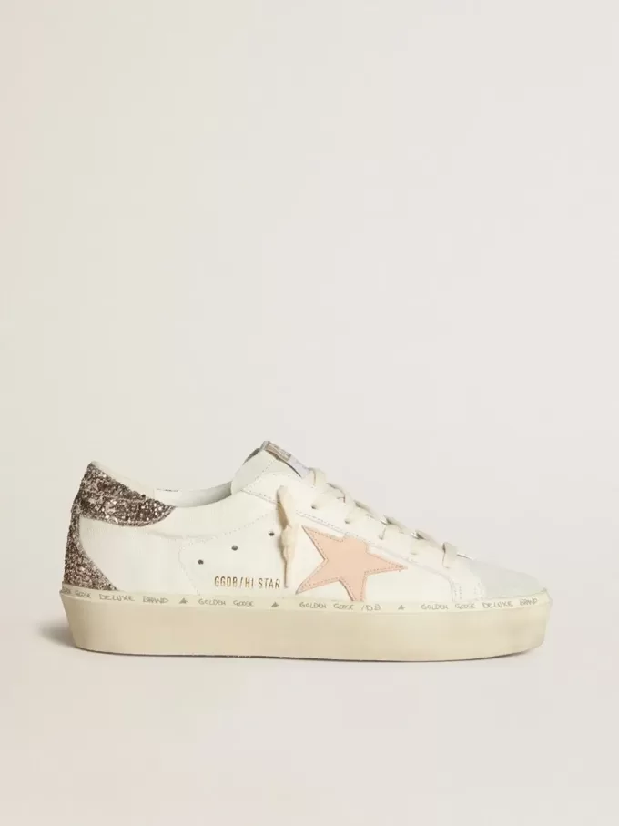 Hi Star aus weißem Nappaleder mit rosa Lederstern und glitzernder Fersenlasche