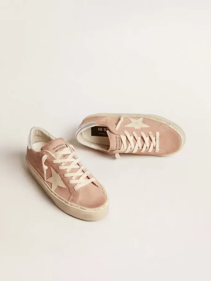 Hi Star für Damen aus rosa Wildleder mit cremefarbenem Stern und silberner Lederlasche an der Ferse