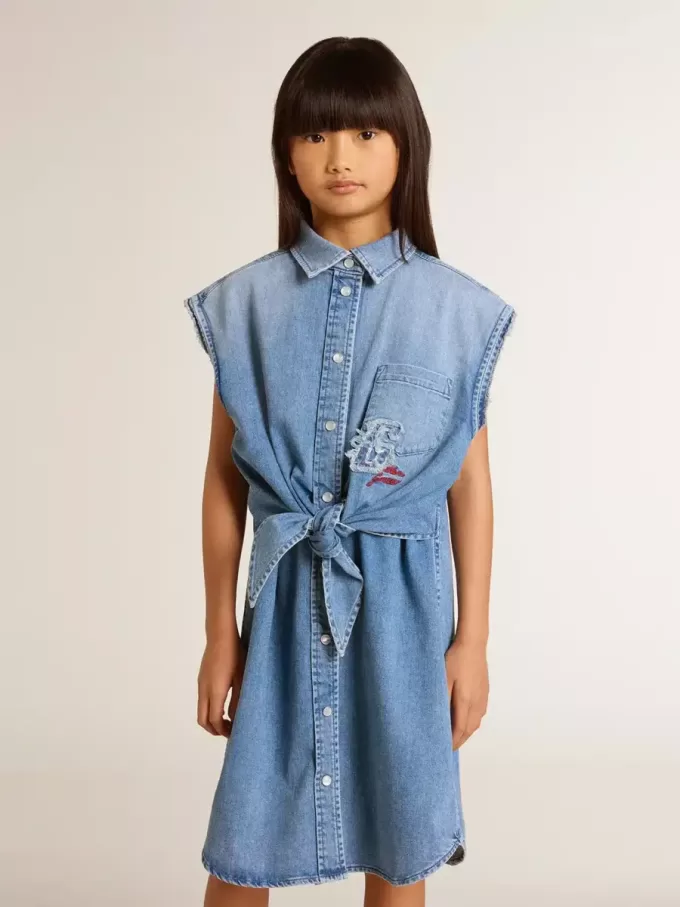 Jeanskleid für Mädchen mit Knoten vorne und Stickerei