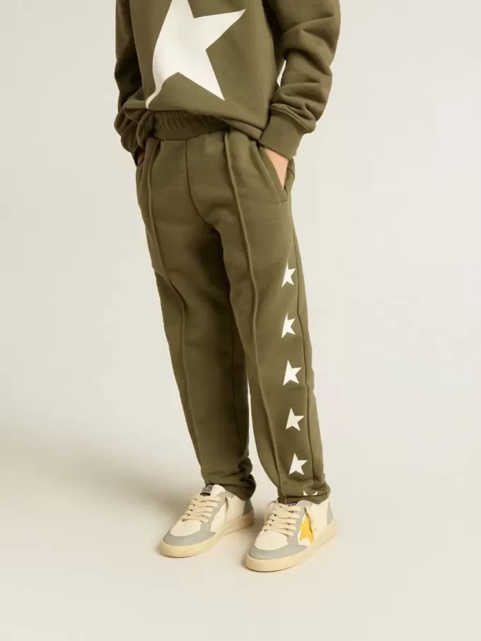 Jogginghose für Jungen in Militärgrün mit weißen Sternen