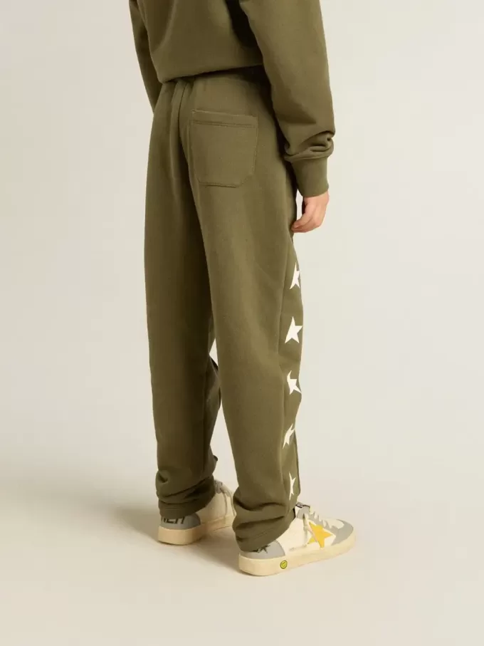 Jogginghose für Jungen in Militärgrün mit weißen Sternen