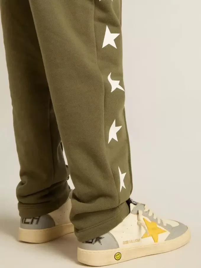 Jogginghose für Jungen in Militärgrün mit weißen Sternen