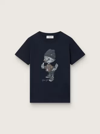 Journey T-Shirt für Jungen aus blauem Baumwolljersey mit digitalem Maskottchen-Print