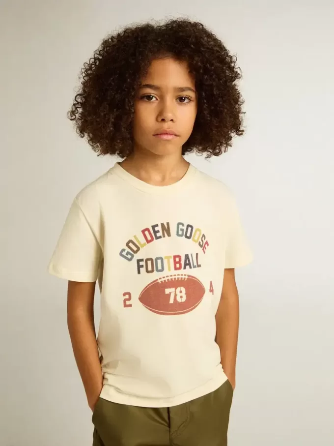 Jungen-T-Shirt in Used-Weiß mit mehrfarbigem Schriftzug