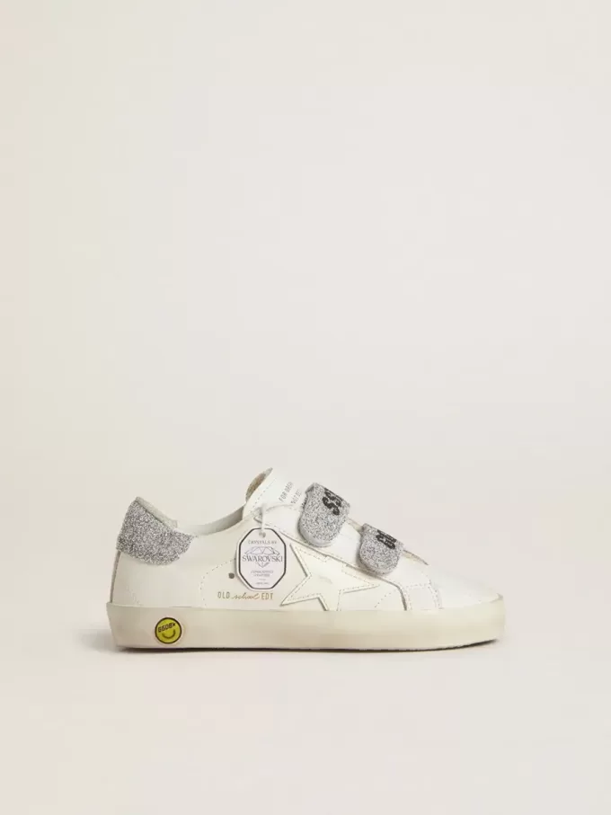 Junior Old School mit silberner Fersenlasche und Riemen aus Swarovski-Kristallen